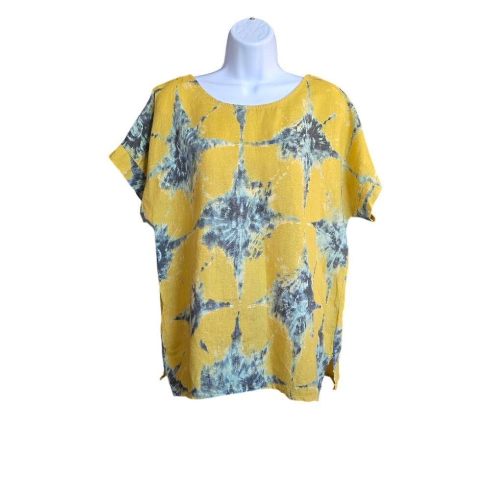 Bella Umbra Womens Italy Linen Top Yellow Tie Dye Starburst M Short Sleeve Retro